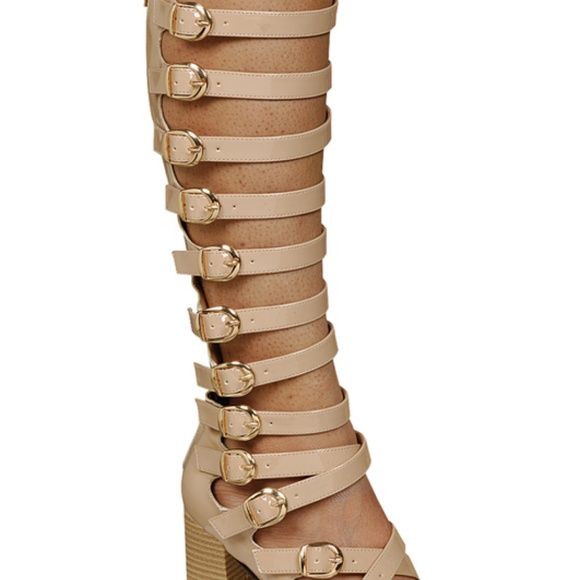 Block Heels Buckle Knee High Gladiators JUDI27NUDE - Picture 2 of 5